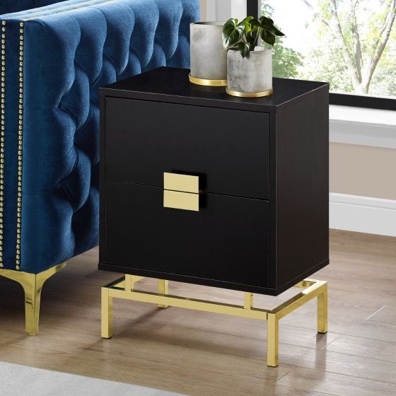 24&quot; End Table Night Stand Retro Inspired 2 Drawer with Metal Base - Cappuccino Wood Grain Gold Metal Base