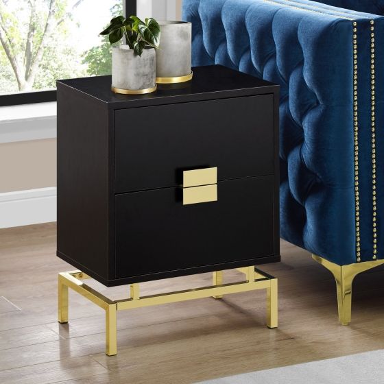 24&quot; End Table Night Stand Retro Inspired 2 Drawer with Metal Base - Cappuccino Wood Grain Gold Metal Base