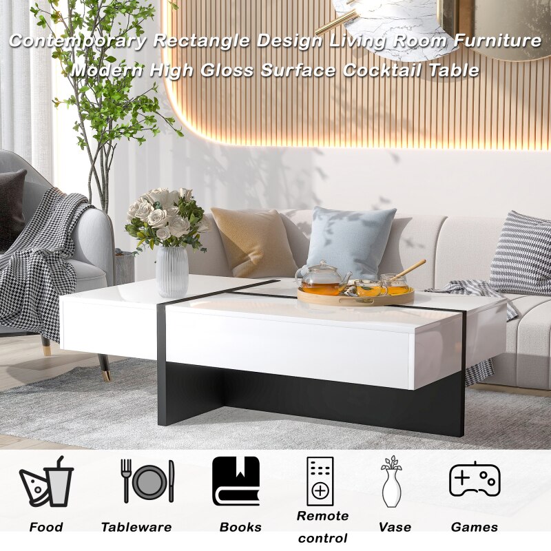 Modern High Gloss Surface Cocktail Table, Center Table for Sofa Rectangle Design Living Room Furniture 45.2*25.5*13.7in