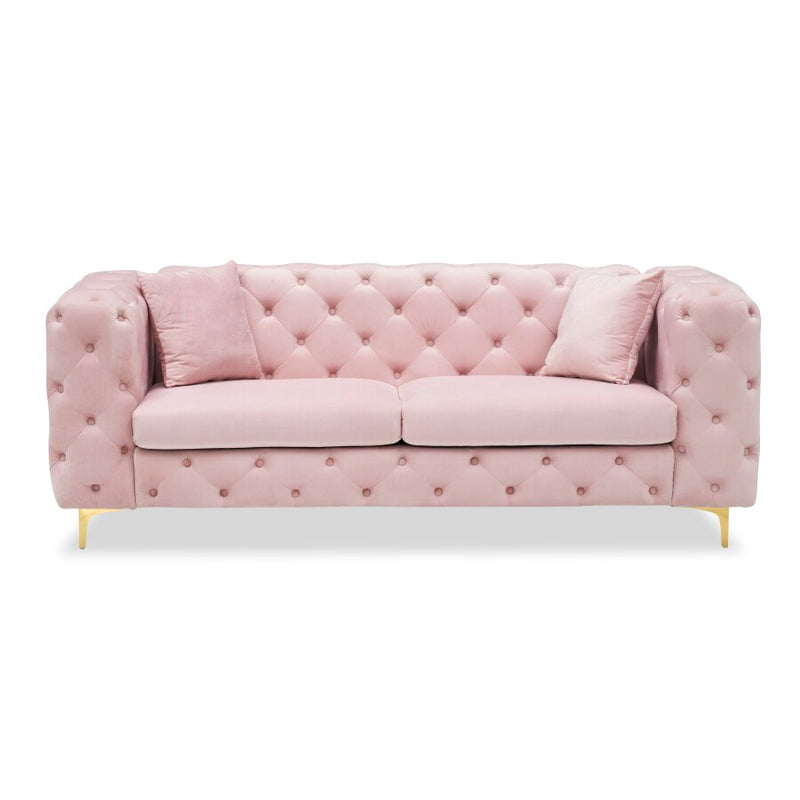 Pink Fabric Sofa Medieval Style Living Room Sleeper Sofa Tufted Wood Frame Split Design