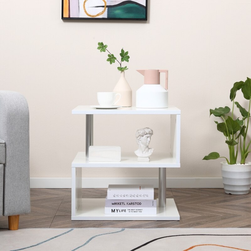 20&quot; Modern coffee table S-Shaped Multi-Level Accent End Table Shelf with Steel Poles, White